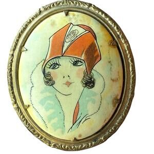 Antique Art Deco Glamorous Flapper Girl Portrait Brooch Pin Vintage 20’s 30’s
